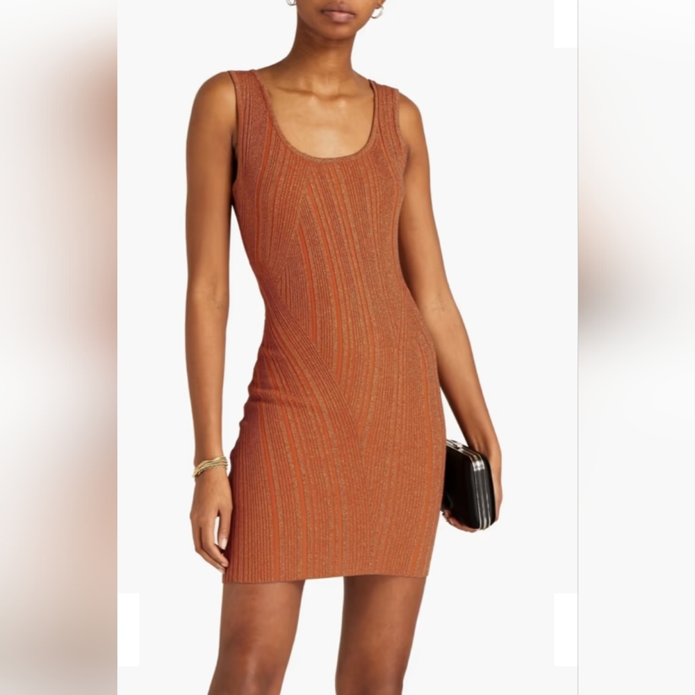 HERVÉ LÉGER Metallic ribbed bandage mini dress